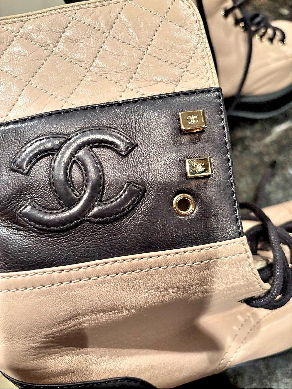 RARE Authentic Chanel Quilted CC Logo Lace-Up Boots Beige & Black EU 37 - Picture 9 of 10
